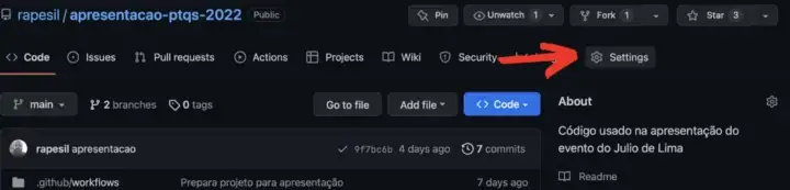 Print tela principal do repositório apontando para Settings
